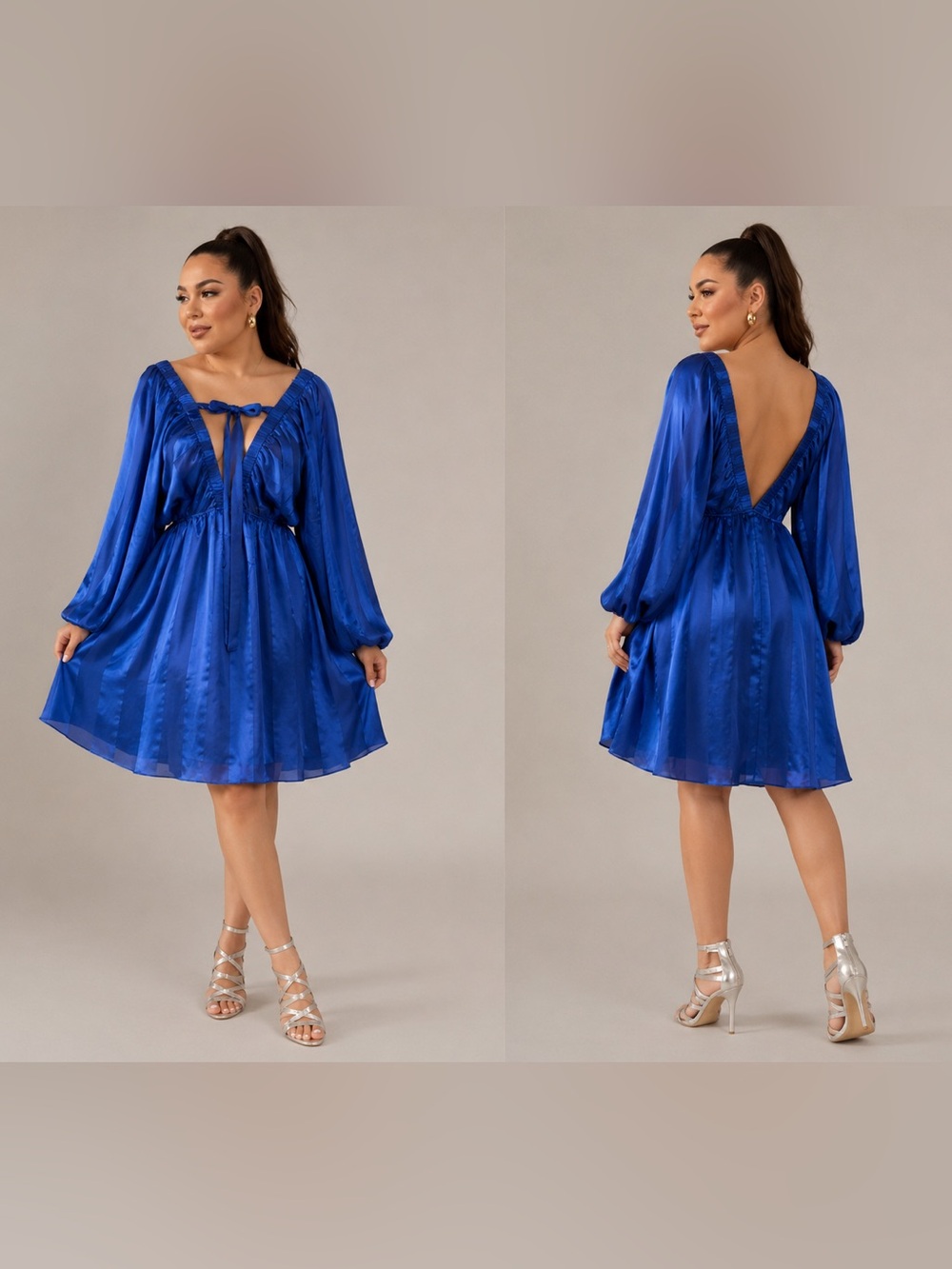 Night Blue Satin Mini Dress - Balloon Sleeve and V Neckline - NWT